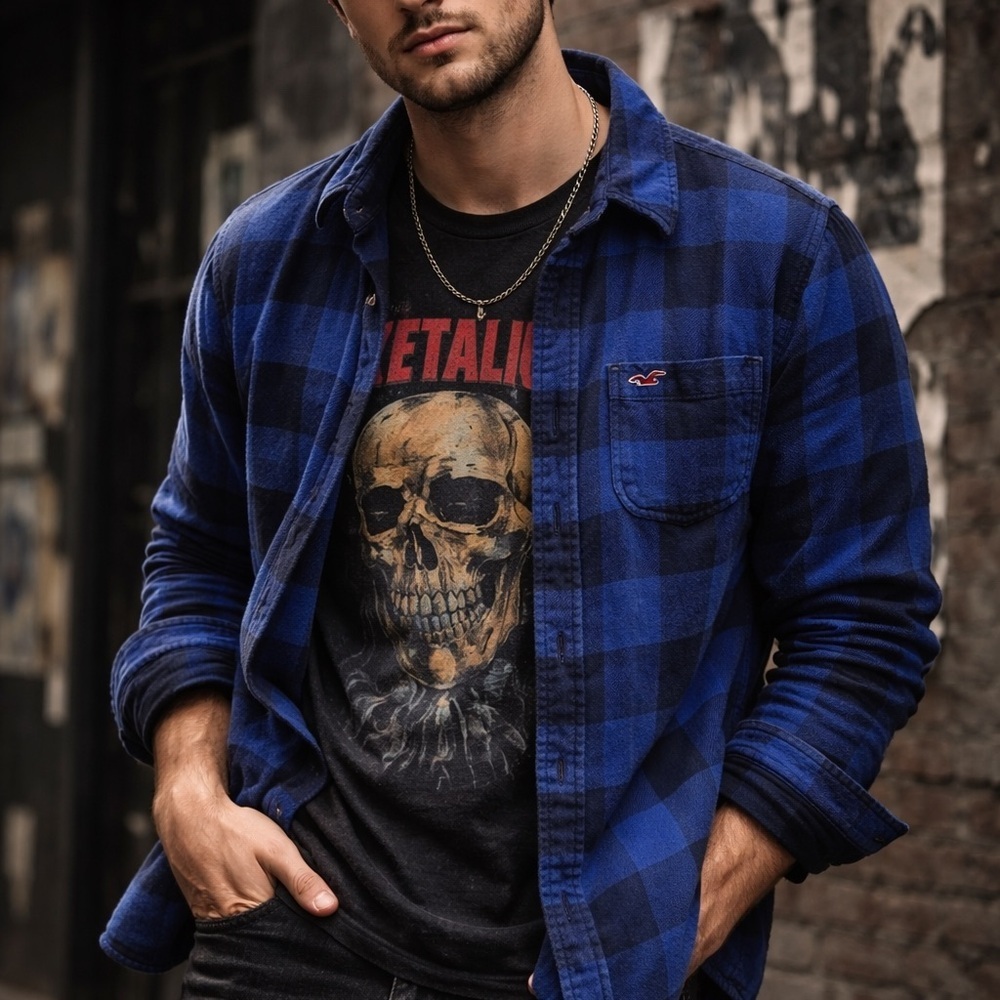 Hollister Double-Layer Muslin Plaid Shirt Jacket | Blue Grunge Layering Staple